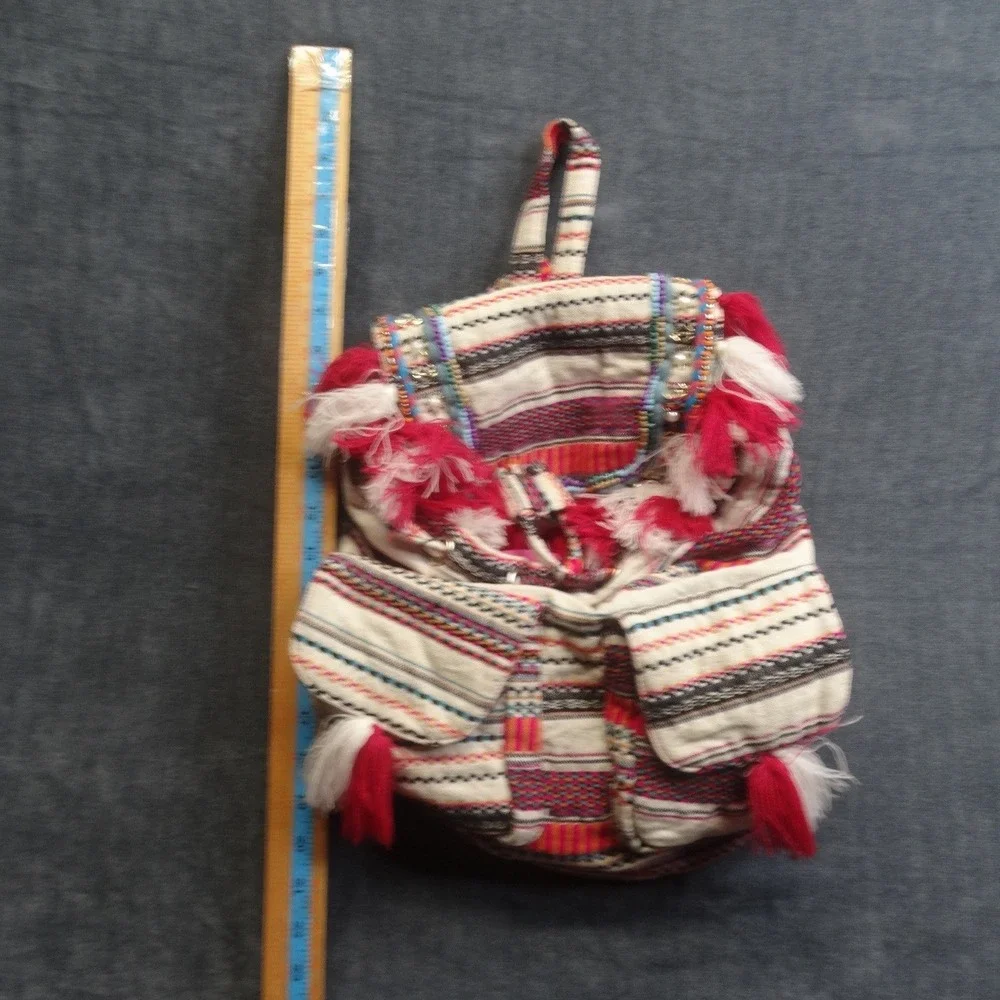America & Beyond Boho Woven Backpack Womens Small Tassel Multicolor Festival Bag
